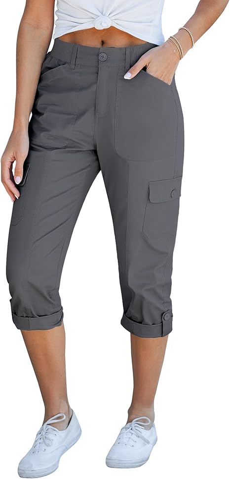 Cargo Capri Pants for Women High Waisted Relaxed Fit Elastic Knit Waist Casual Capris Trousers Cropped Pants